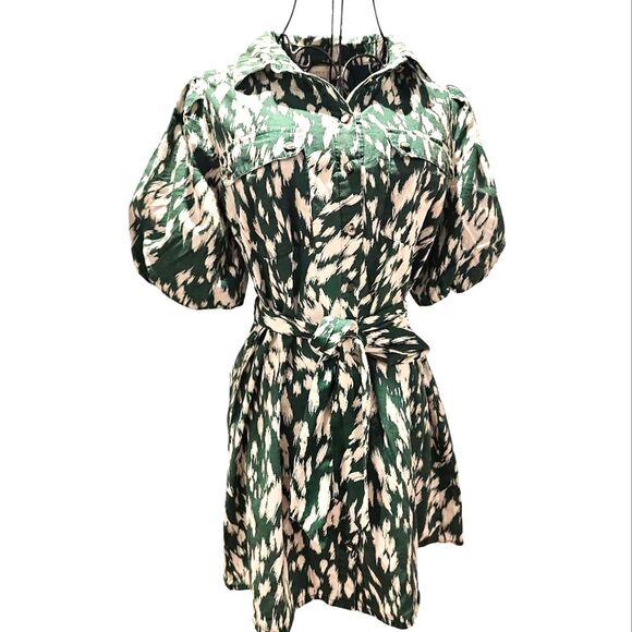 Sunny Girl Puffy Sleeves Shirt Dress Small Green With Belt Flowy Statement Dress - Picture 1 of 9